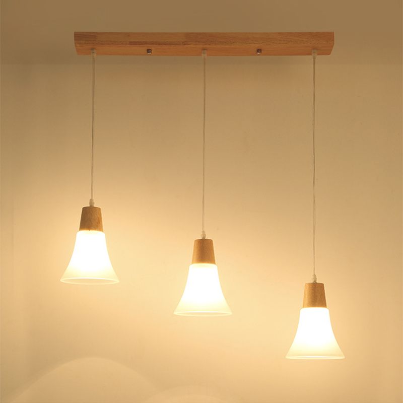 Bell/Bowl/Barrel Ceiling Hang Lamp Nordic Ivory Glass 3-Head Dining Room Round/Linear-Canopy Cluster Pendant in Wood
