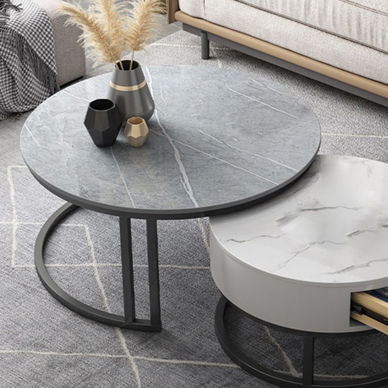 Contemporary Round Slate Coffee Table Steel Frame Cocktail Table