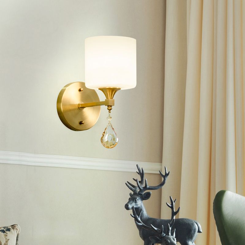 Drum Shade Hallway Wall Sconce Modern Style Milk Glass 1/2-Bulb Brass Finish Wall Lamp with Amber Crystal Draping