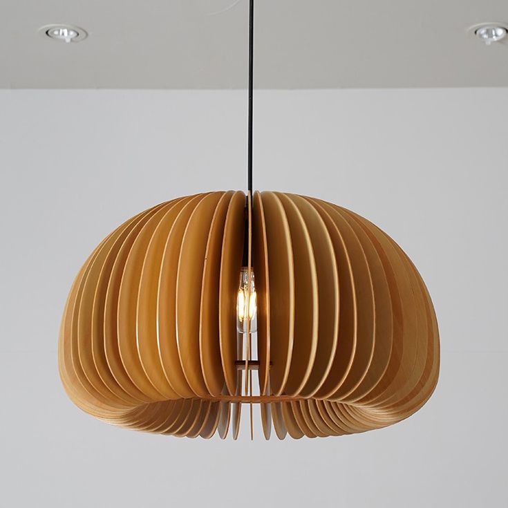 Beige Wood Slatted Hanging Light Chinese Style 1 Light  Restaurant Ceiling Pendant Lamp