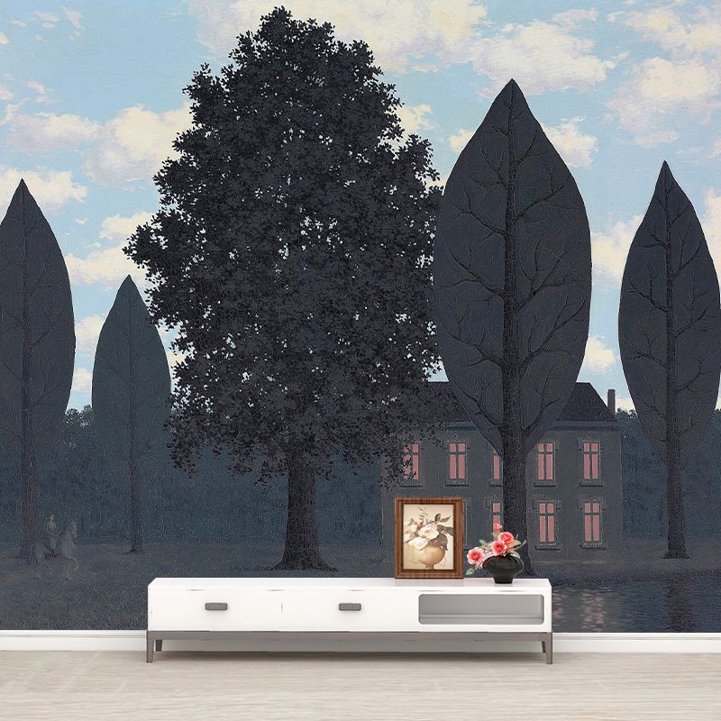 Blue-Green Surreal Wall Murals Large Lakeside House at Dark Drawing Wall Decor for Home