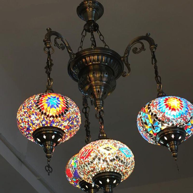 Traditional Lantern Hanging Chandelier Colorful Glass 4 Bulbs Suspension Light in Brass for Living Room