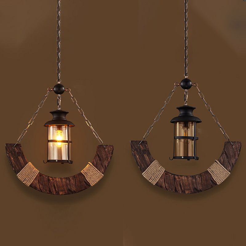 Nautical Style Hanging Light Kerosene Lamp Shaped 1 Head Wood Pendant Lamp for Hallway
