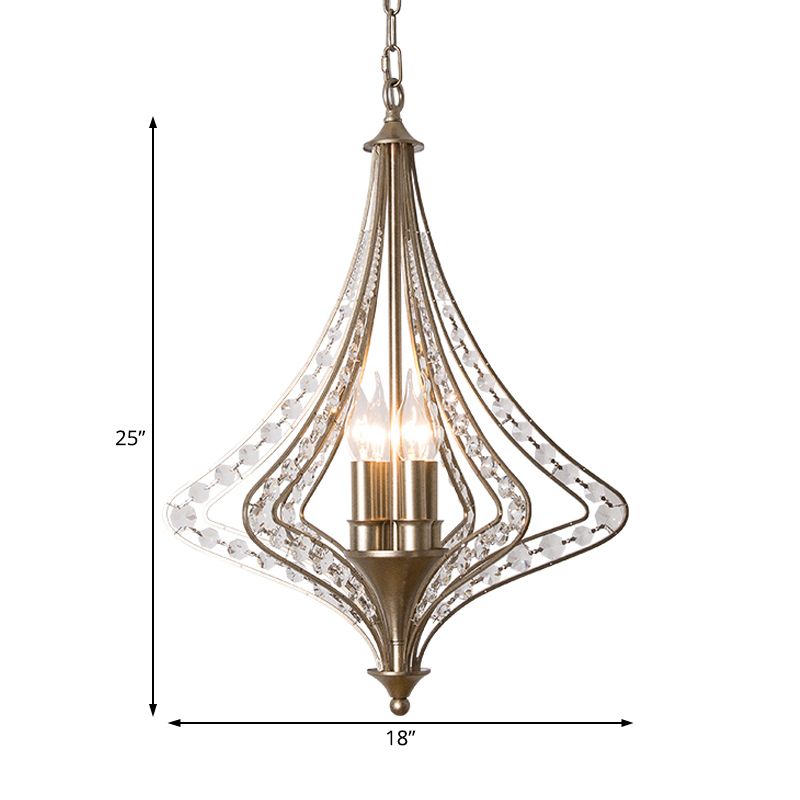 4 Bulbs Tapered Ceiling Chandelier Rustic Crystal Suspended Lighting Fixture in Brass