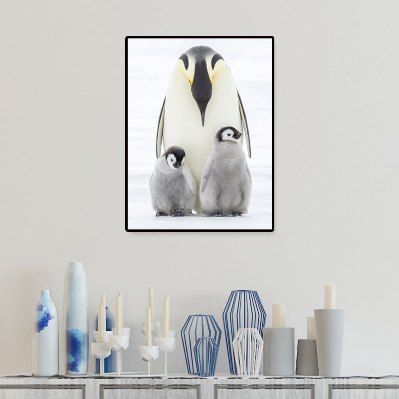 Photo-Print Penguin Family Canvas Wall Art for Living Room, Grey and White, Textured