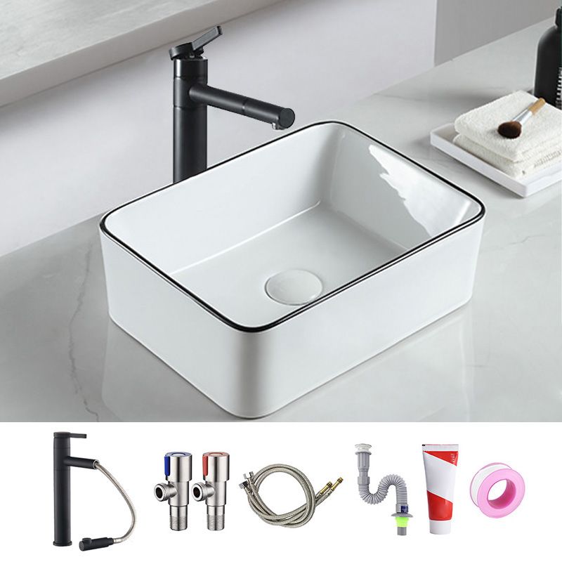 Modern Bathroom Sink Pop-Up Drain Porcelain Rectangular Vessel Sink