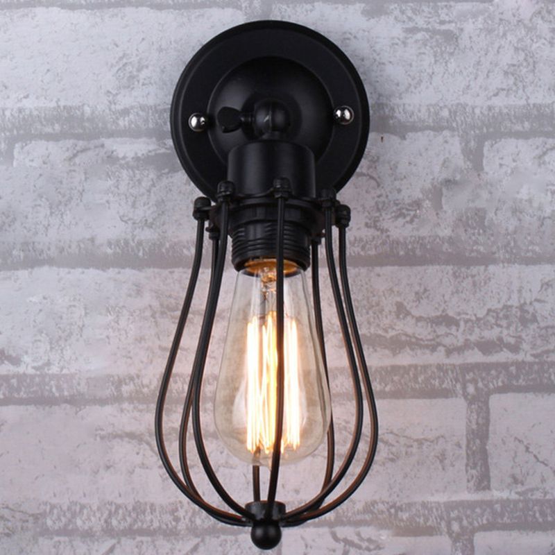 Bulb Shaped Cage Iron Wall Lamp Industrial Bedroom Adjustable Reading Wall Light in Black
