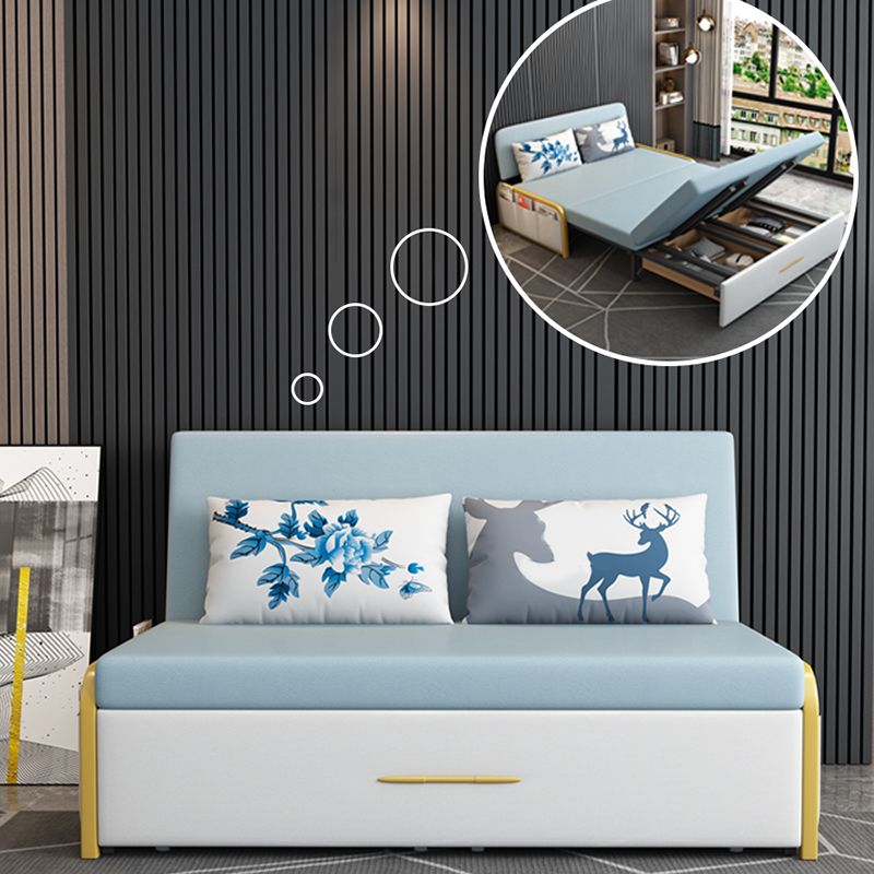 Glam Round Arms Futon Frame Bonded Leather Blue Sleeper Sofa