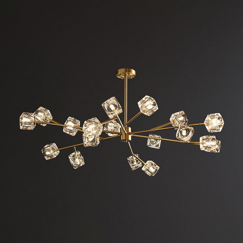 Post-Modern Branch Chandelier Lamp Clear Crystal Cube Living Room Suspension Light in Gold