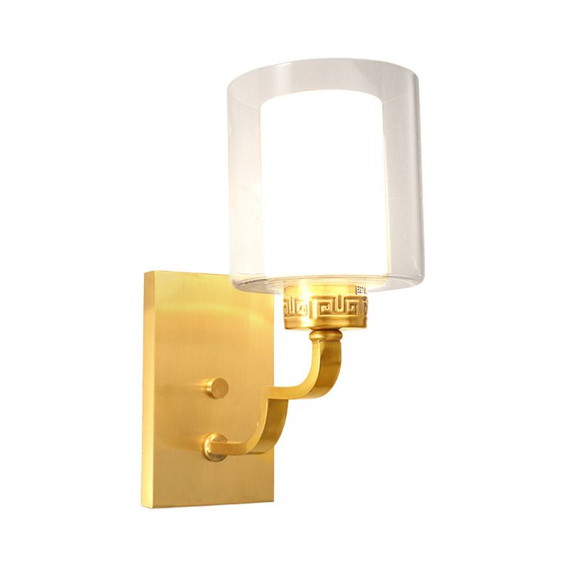 1 Kopfwandbeleuchtung mit Zylinderschatten klar und weißes Glas moderne Schlafzimmer Wandleuchte im Messing