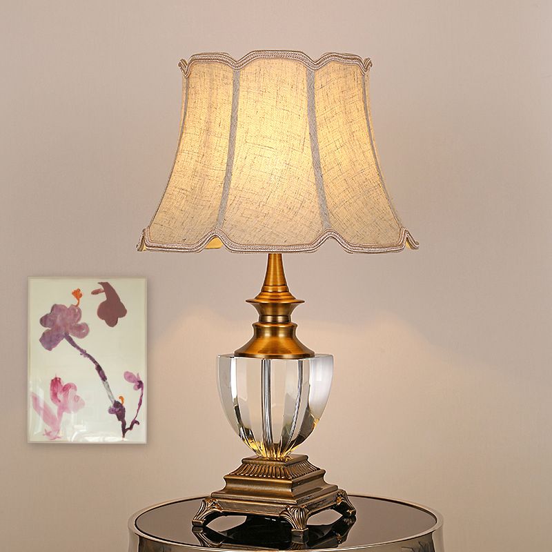 1 Light Bell Night Light Rural Beige Fabric Nightstand Table with Crystal Accent
