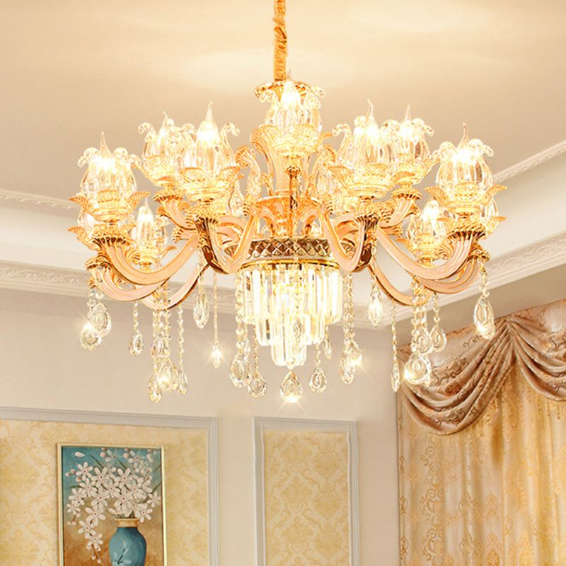 Handgeblasenes Glasblumenaufhängung Licht Retro -Retro -Stil -Kronleuchter Licht mit abgestufter Kristalldekor in Gold