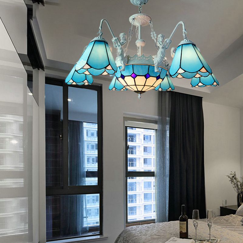 Côté de verre tachée Pendard lustre baroque 7/9 Lumières Kit lumineux suspendu jaune / bleu pour le salon