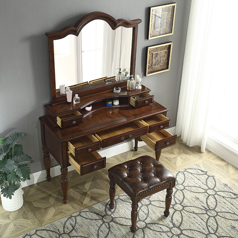 Traditional Makeup Vanity in Brown Rubber Wood Dressing Table