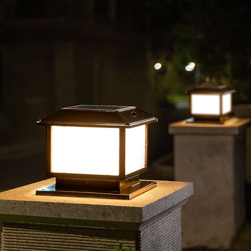 Metal Rectangle Shape Solar Pillar Lamp Modern 1-Light Outdoor Waterproof Light