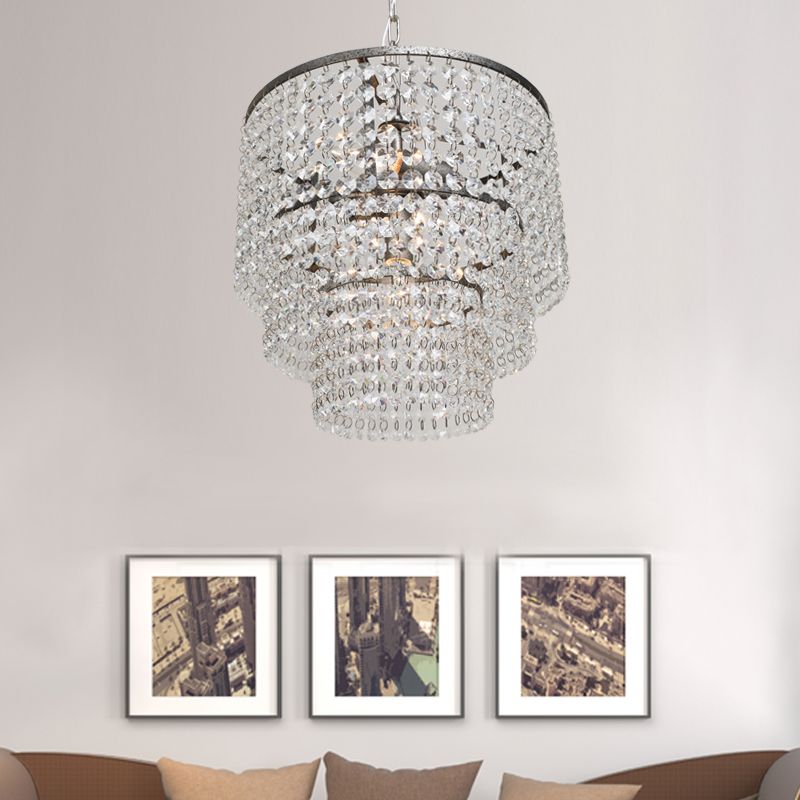Dangling Crystal Layered Ceiling Lighting Traditional Entryway Chandelier Light Fixture in Chrome