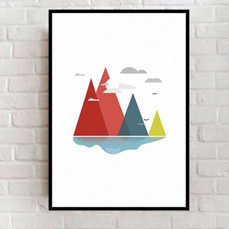 River Mountains Landscape Canvas Kids Textured Living Room Wall Art in Red and White
