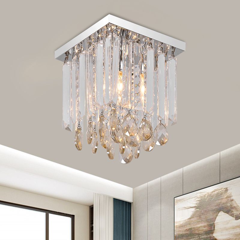 Chrome Square Ceiling Mount Modern Style Crystal Drop 1/2-Light Bedroom Flush Light, 8"/12" Wide
