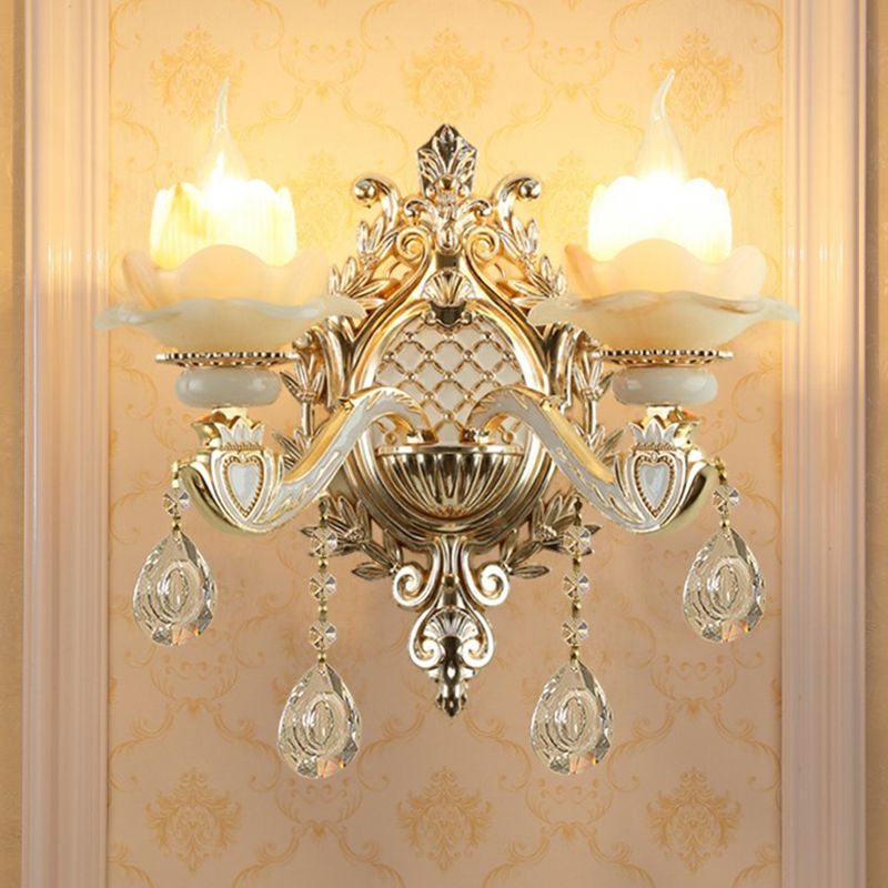 Jade Wall Mount Light Traditional Beige Flower Corridor Wall Sconce with Crystal Drop