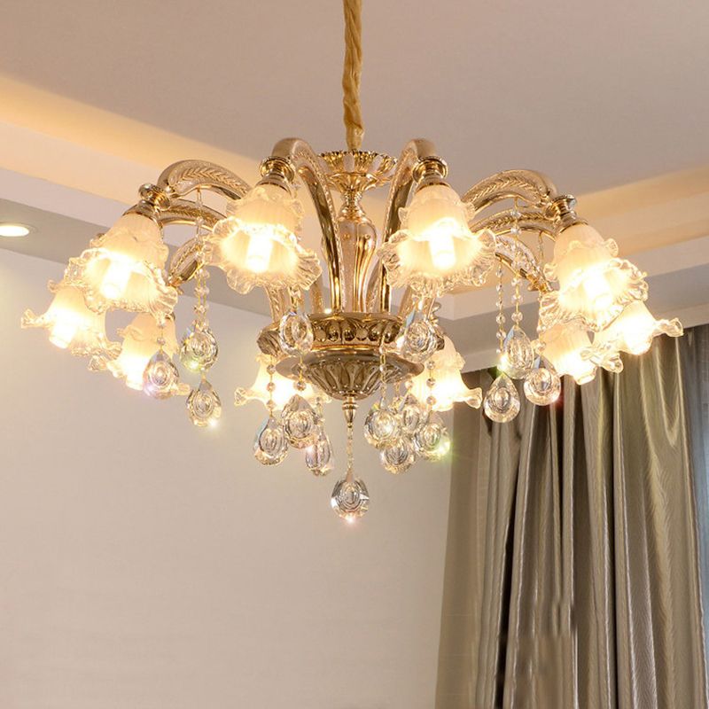 Ruffled Bell Textured Glass Chandelier Light Retro Living Room Hanging Light with Hanging Crystal in Gold
