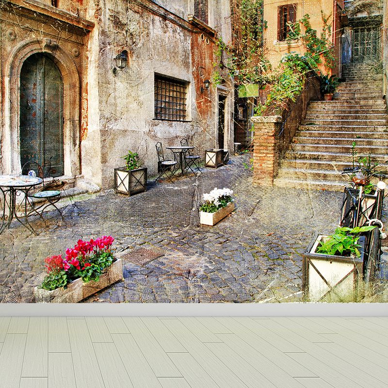 Beige Flowers and Houses Mural Moisture Resistant Contemporary Bathroom Wall Covering