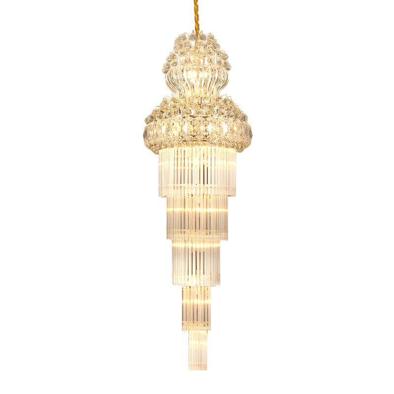 Cone Stairway Chandelier Pendant Light Simple Clear Crystal Rod 12 Heads Gold Suspension Lamp