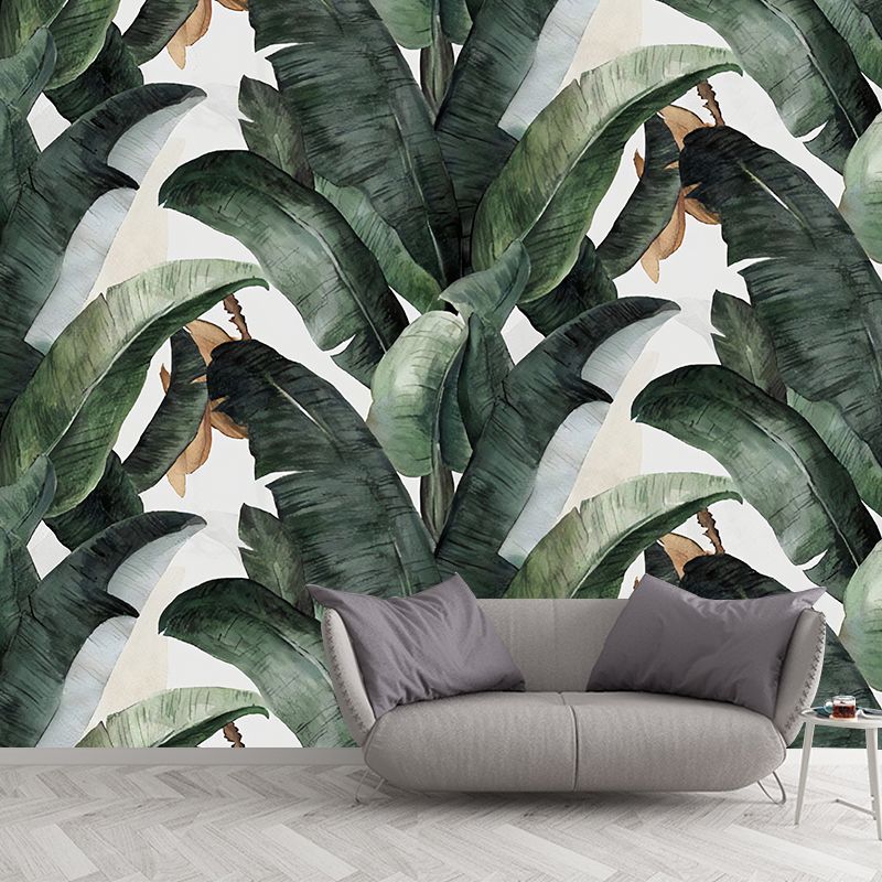 Tropical Banana Leaves Mural Wallpaper for Living Room Decoration, Green and White, Custom-Printed