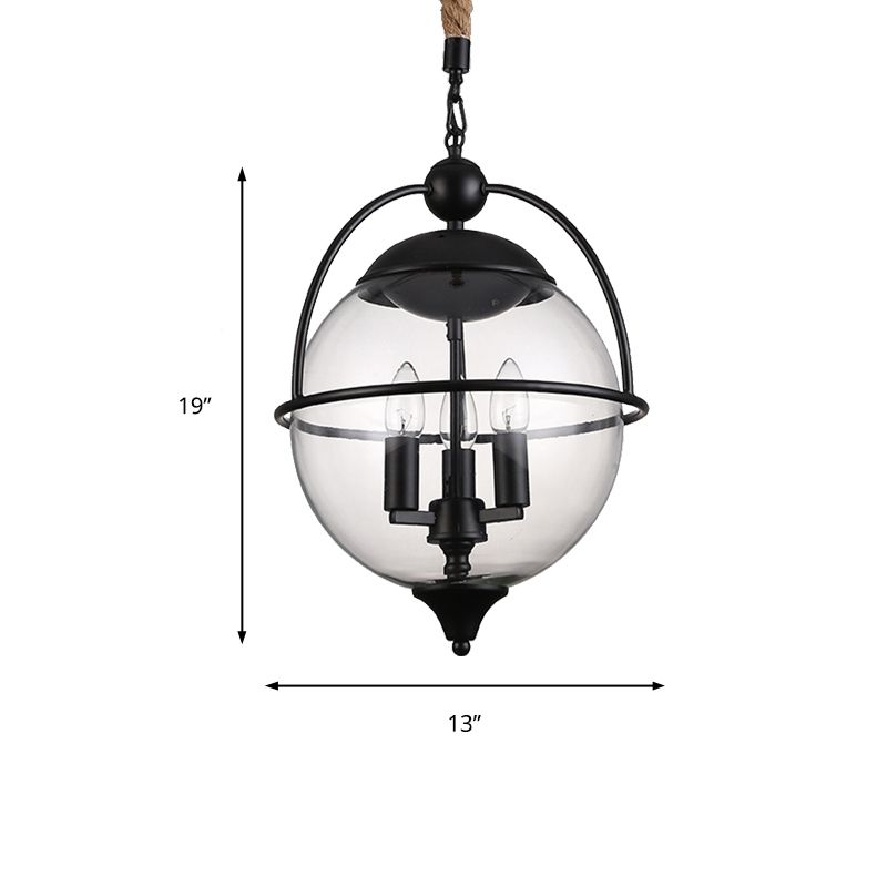 Globe en verre transparent lustre Light traditionnel 3 éclairage pendentif de salon léger en noir