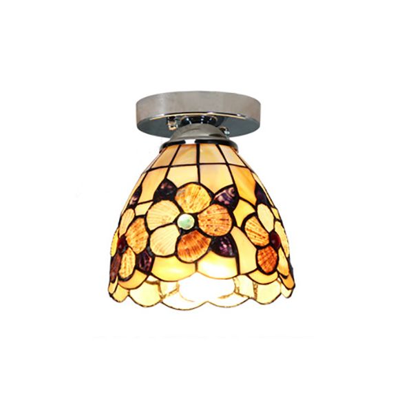 Tiffany Style Domed Ceiling Light Stained Glass 1 Bulb Flush Mount Ceiling Light with Flower Pattern in Black/Chrome Finish