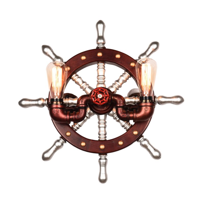 Metal Rudder Wall Light Sconce Vintage 2 Lights Bedroom Wall Mount Lamp Fixture in Copper