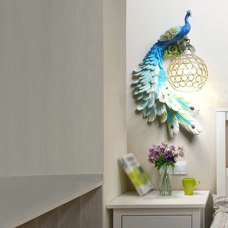 Peacock Wall Sconce Art Decor Resin 1-Light Living Room Wall Lamp with Spherical Crystal Shade