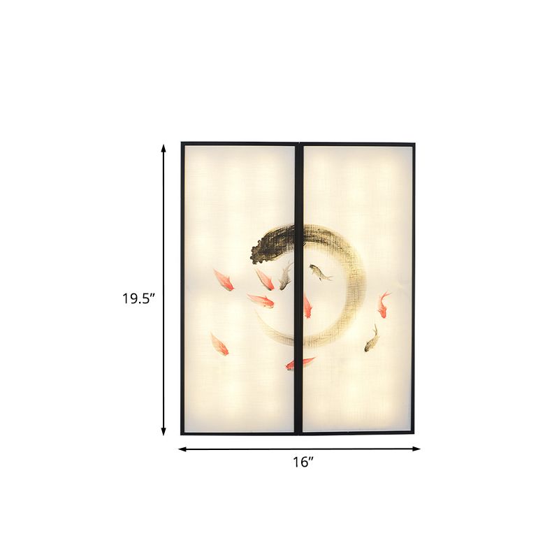 Carp Art Work Bedside LED Mural Lighting Fabric Chinese Style Sconce Light Fixture in Black