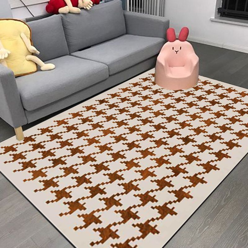 Modernist Houndstooth Pattern Rug Orange Red Polyester Rug Non-Slip Pet Friendly Washable Are Rug for Bedroom
