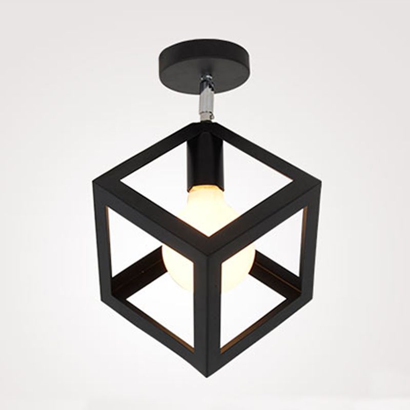 Industrial Flush Light Fixtures Geometric Iron 1 Light Flush Mount Lamps in Black