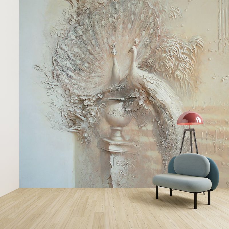 Embossed Peacock Animal Mural Decal Modern Style Smooth Surface Wall Art in Brown