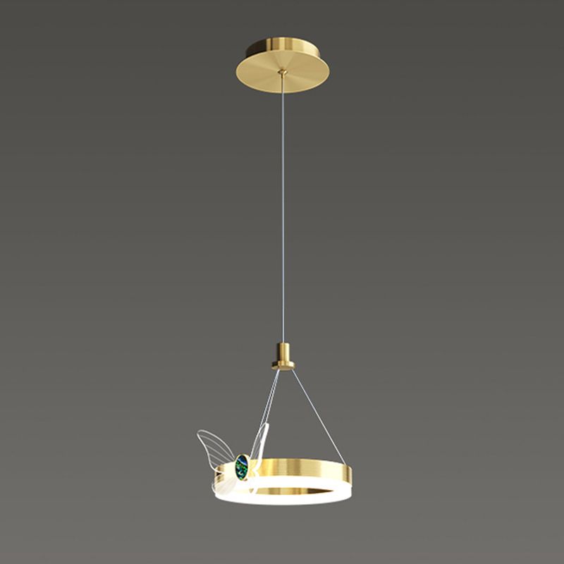 Brass Ring LED Pendant Minimalist Metal Hanging Light with Butterfly Decoration