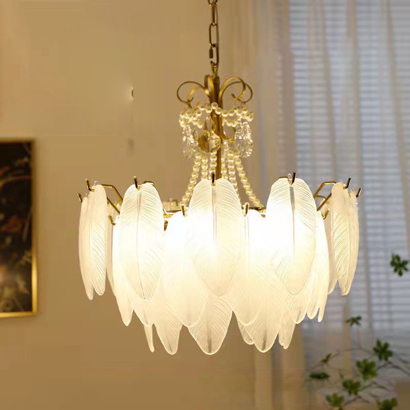 Feather Chandelier Light Fixture Vintage Frosted Glass Pendant Lighting for Restaurant