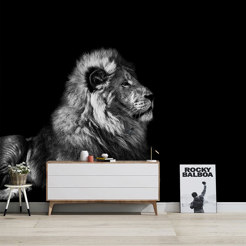 Whole Lion Wall Covering Modern Grandiose 3D Effect Mural Wallpaper in Pastel Grey