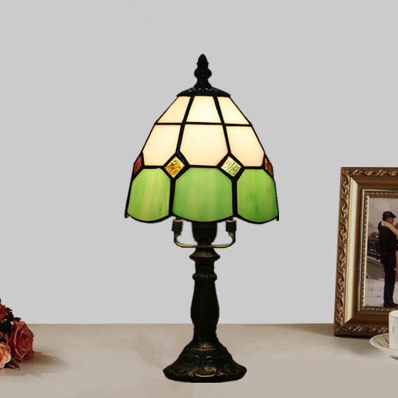 Dome Night Light Mission Stained Art Glass 1 Head Beige/Yellow/Orange Grid Patterned Nightstand Lighting for Bedroom