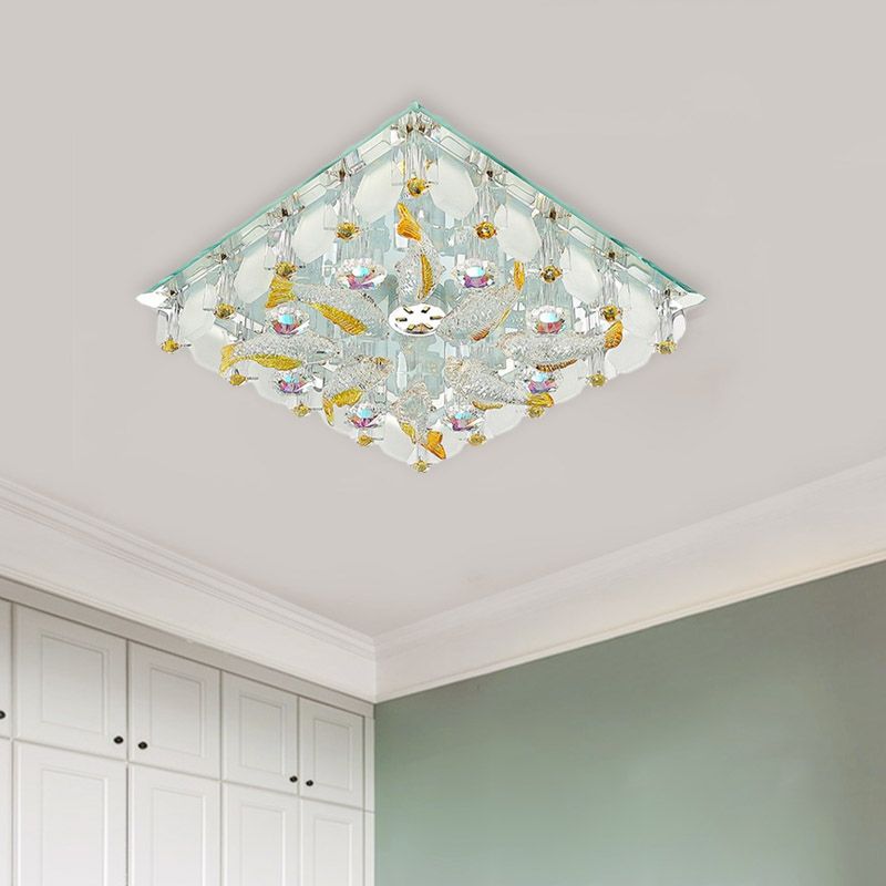 LED Square Flush Mount Lamp Simple Clear Crystal Close to Ceiling Light for Balcony