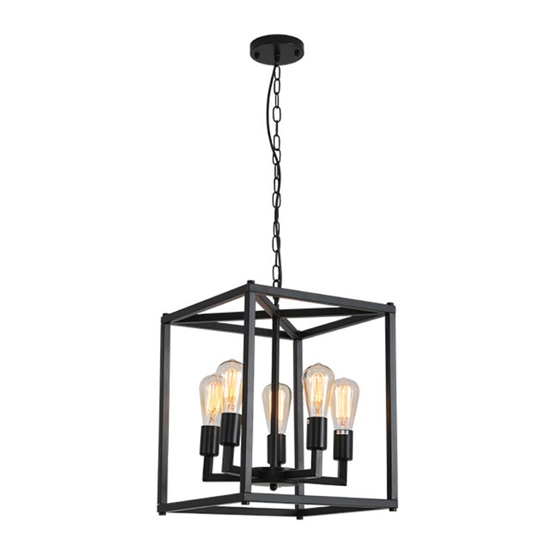 Black Cage Hanging Lamp Industrial Retro Metal Diner Pendant Chandelier in Square Shape