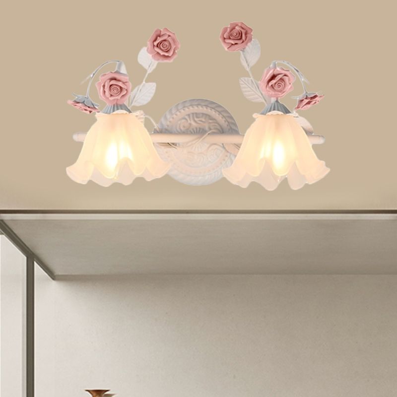 Ruffle Bathroom Wall Mount Light American Flower Frosted Glass 2/3-Head Pink/Blue Vanity Sconce
