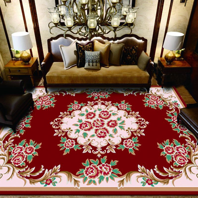 Dark Red Extravagant Rug Polyester Graphic Area Rug Non-Slip Backing Rug for Drawing Room