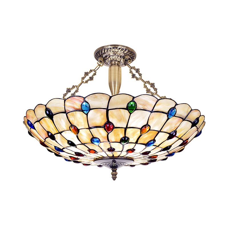 Vintage Bowl Ceiling Light Stained Glass 4 Heads Jewel Semi Flush Ceiling Fixture in Beige