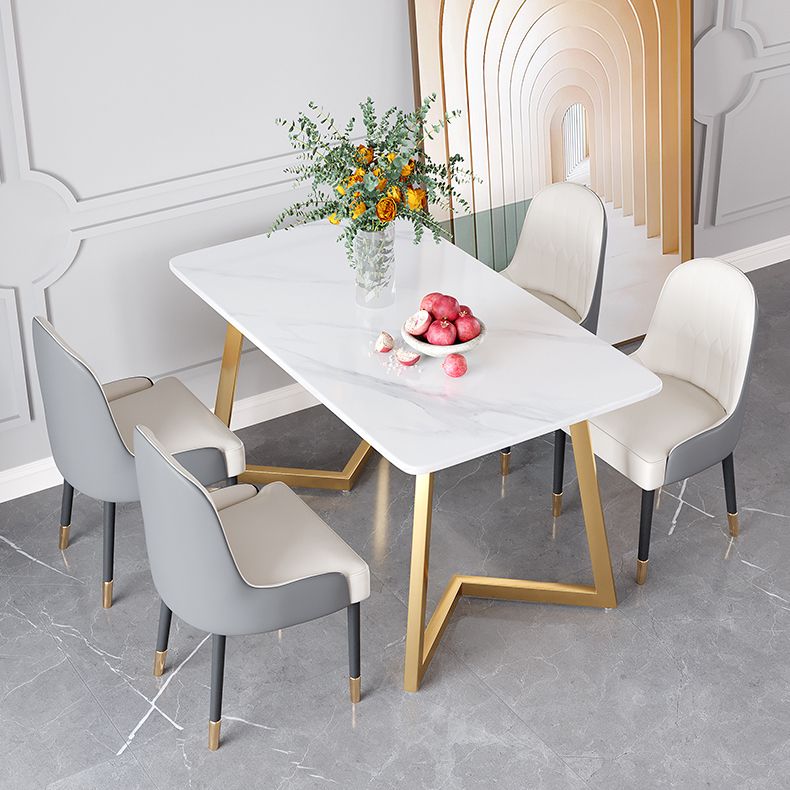 Glam Iron Dinette Set 1/2/5/6 Pieces Rectangle White Sintered Stone Top Dining Table Set