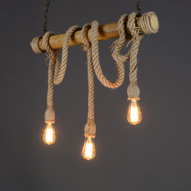 Bare Bulb Design Bamboo Hanging Lamp Rustic 3/6-Head Dining Room Island Light with Rope Cord in Brown