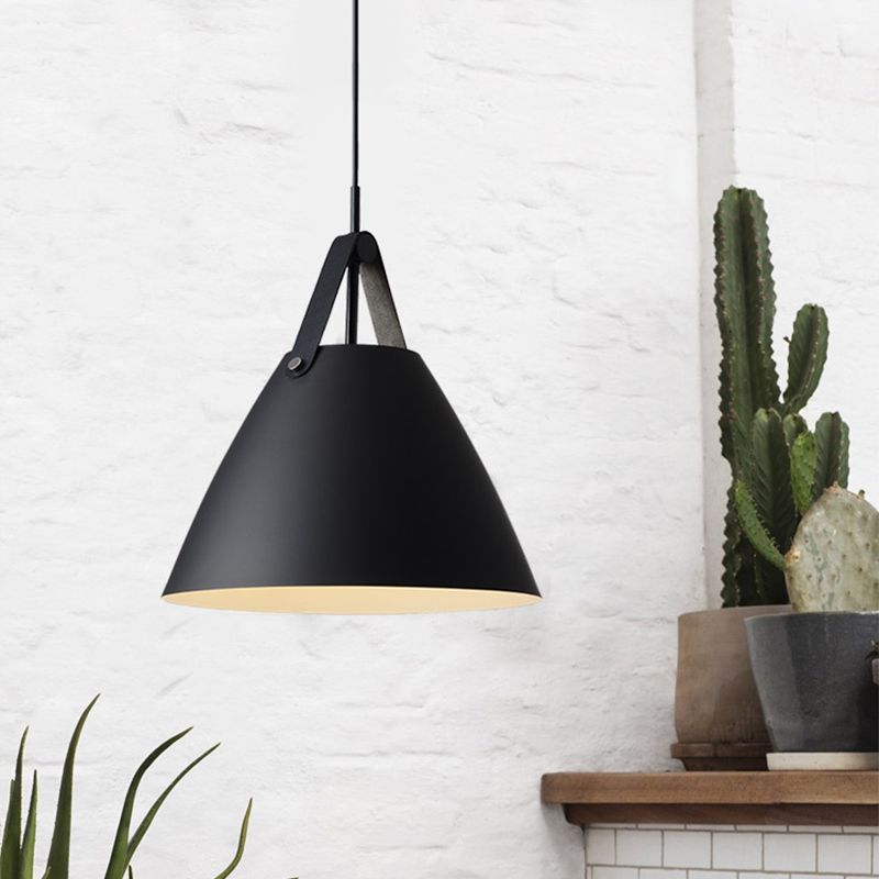 Metal Truncated Cone Drop Pendant Nordic 1-Light Black/Grey/White Suspension Lighting with Leather Strap, 10.5"/14" W