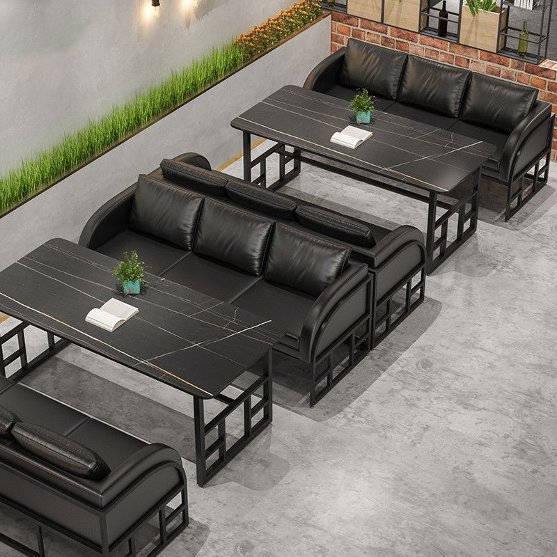 Mesa de comedor industrial Mesa de piedra sinterizada negra con base de caballete negra