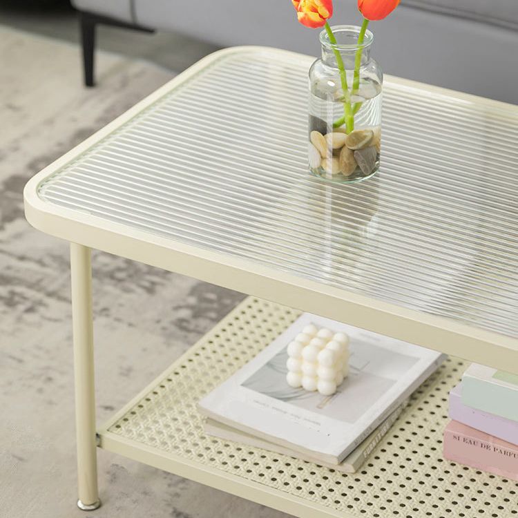 Glass Top Coffee Table 4 Legs Coffee Cocktail Table with Shelf
