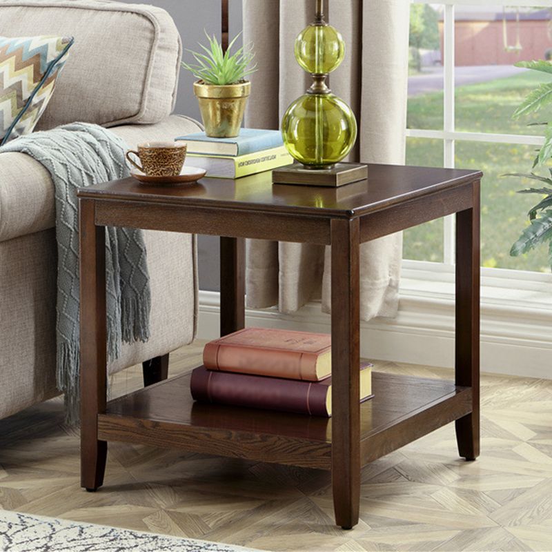 Country Double Tier Wood End Table 4 Legs Sofa Side Table with Shelf